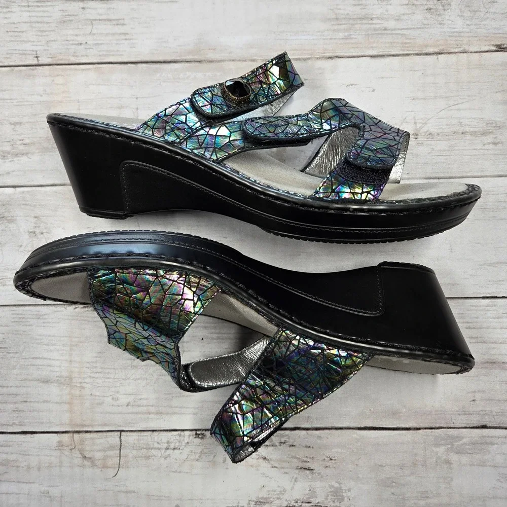 Alegria Loti Wedge Sandals Women 40 Multicolor Holographic Mosaic Leather Straps
